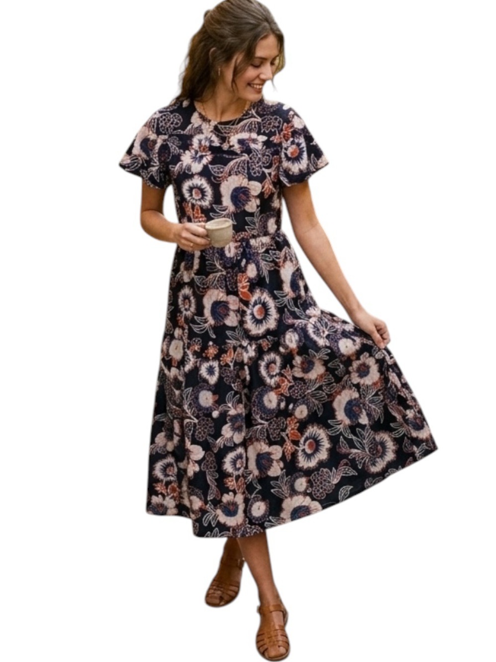 Who What Wear Dark Floral Tiered 100% Cotton Midi Dress Flutter Sleeve Boho S